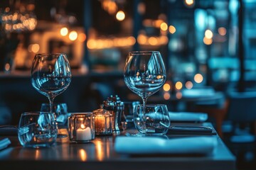 Romantic restaurant table setting at night with candles and wine glasses.