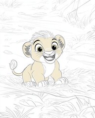 Adorable Lion Cub in Grassy Meadow Coloring Page