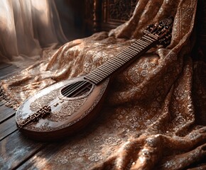 Traditional sitar leaning against an ornate fabric backdrop