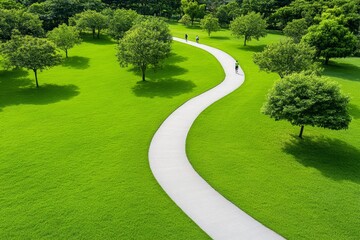 An urban park filled with trees, a jogging trail, and people enjoying the environment on a sunny day