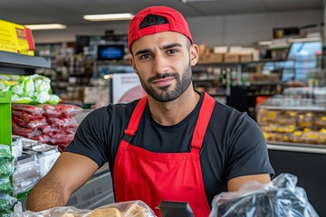 A close-up of an employee scanning items at a retail store counter, with a professional and friendly demeanor