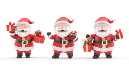 Obraz premium Set of playful 3D Santa figures playing with toys and carrying presents, ready for Christmas fun, isolated on white