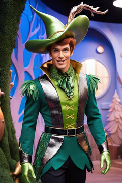 Peter Pan in a Contemporary Woodland-Inspired Outfit, Oversized Hat in the City
