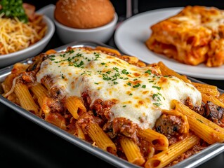  Pasta al horno con salsa de tomate, carne molida y cubierta de queso derretido, servida en un recipiente metálico, con platos de acompañamiento al fondo.

