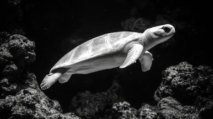 Obraz premium Graceful Sea Turtle Swimming in Dark Aquatic Habitat
