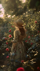 Back view of a woman in cottagecore style in a rose garden.
