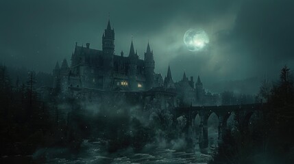 Mysterious medieval castle at night, under a full moon,  foggy and spooky.