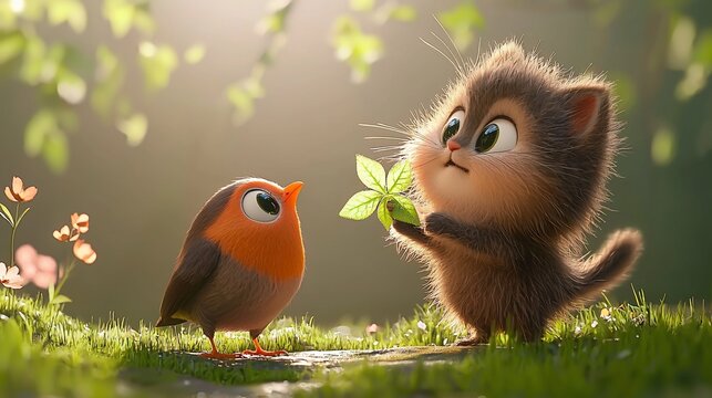 Fototapeta Cute cartoon kitten offering leaf to robin.