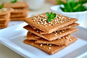  Pila de galletas saladas de harina integral decoradas con semillas de sésamo, presentadas en un plato blanco.

