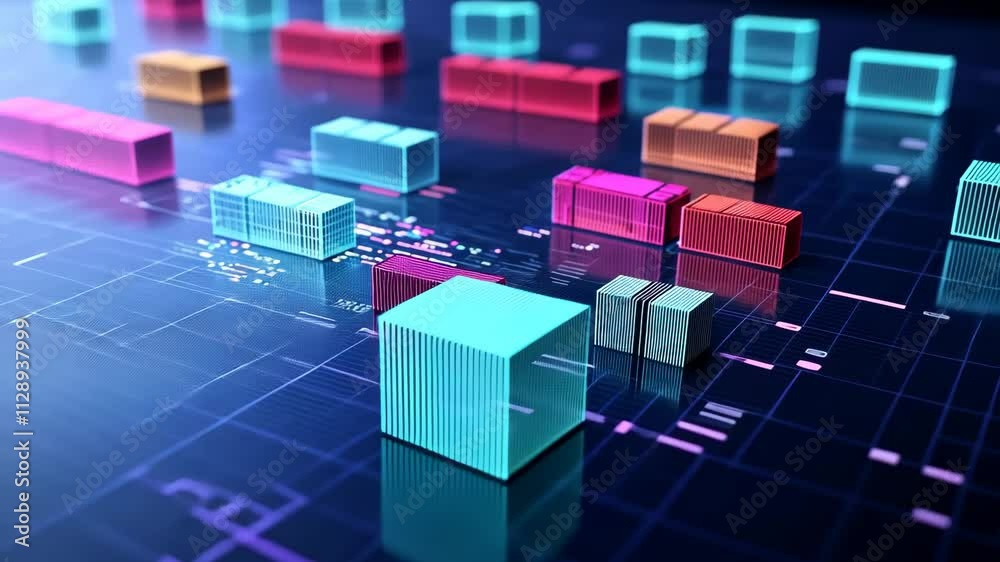 Poster advanced digital data visualization with vibrant 3d blocks and colorful graphical elements
