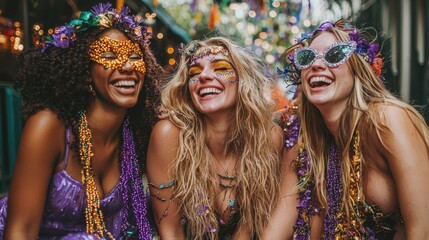 Obraz premium Vibrant and Joyful Women Celebrating at a Lively Music Festival in the City