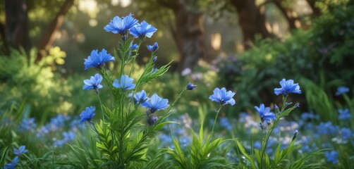 gentle blue bloom swaying in the breeze amidst green blades, green meadow, wind-blown, nature