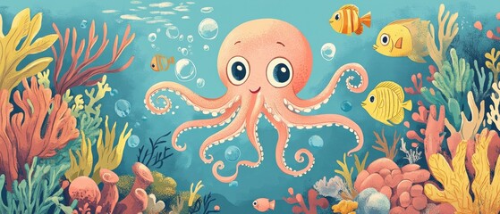 Obraz premium Adorable Pink Octopus in Vibrant Underwater Scene with Colorful Fish and Coral Reef