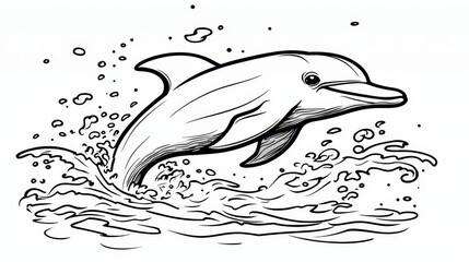 Fototapeta premium Leaping Dolphin Ocean Wave Splash Line Art Drawing