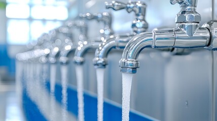 tap metal usage. Row of shiny faucets dispensing clean water in a modern setting, highlighting plumbing and hygiene.