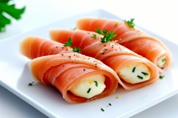  Rollos de jam&oacute;n rellenos de queso crema y decorados con hierbas frescas, presentados en un plato blanco.

