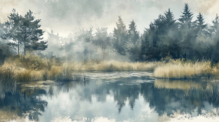Fototapeta premium A peaceful forest pond reflecting surrounding trees and soft clouds, watercolor style