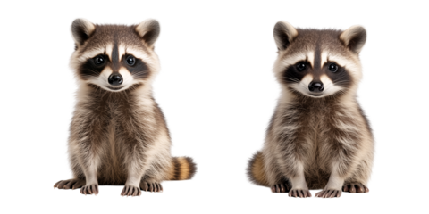 set of raccoon sitting with its tail curled around its body isolated on a transparent background