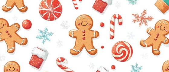 Fototapeta premium Delightful Christmas Seamless Pattern with Gingerbread Men, Candy Canes, and Lollipops