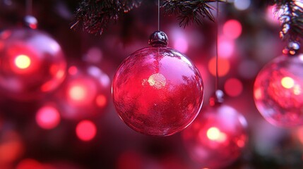 Obraz premium Close-up of a red glass Christmas ornament hanging on a tree branch with blurred lights.