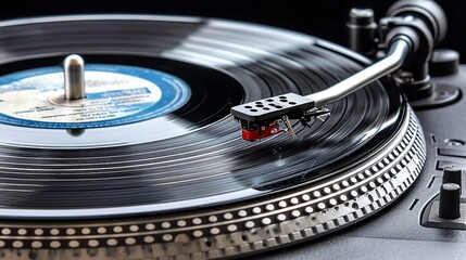 Close-up of turntable playing vinyl record.