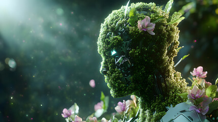 A humanoid covered in moss-like growths on a biomechanical planet with neon flora.