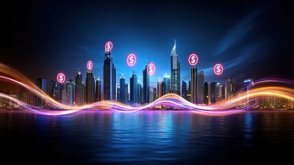 Night Cityscape with Financial Symbols and Light Trails