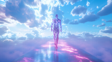A humanoid covered in shifting liquid-like holographic patterns walking on a levitating pathway in a sky of endless storms.