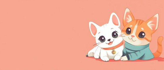 Obraz premium Adorable Cartoon Kittens Cuddling: White and Orange Cat Illustration