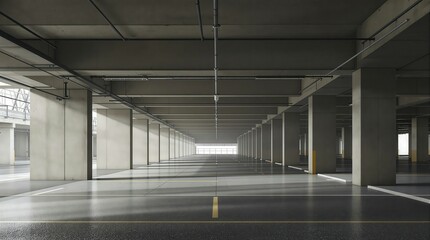 Symmetrical perspective of a large empty parking garage with a vanishing point