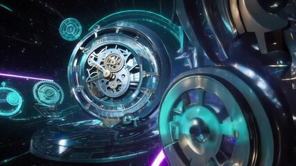 Futuristic clock features a spinning camera movement, showcasing advanced hud elements. Ideal for projects focused on time, technology, and future concepts