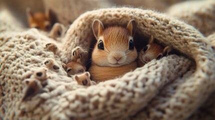Obraz premium Charming scene of small animals wrapped like babies in cozy blankets, capturing a tender and adorable moment of warmth and comfort