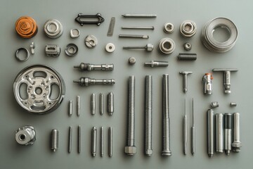 Collection of various car components and tools displays bolts, nuts, spark plugs, and wrenches organized on a gray background with copy space. Generative AI