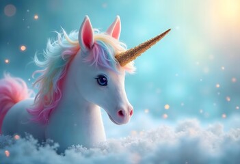 a unicorn with a rainbow on its head is in the clouds.