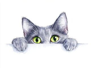 A vivid watercolor painting featuring a gray cat with captivating green eyes.