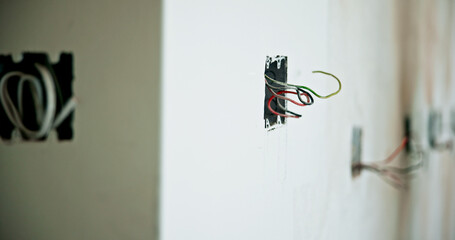 House, wall and electric wires for construction, remodeling project or renovation for home improvement. Cable, repair and power outlet for building, interior or energy system installation for upgrade