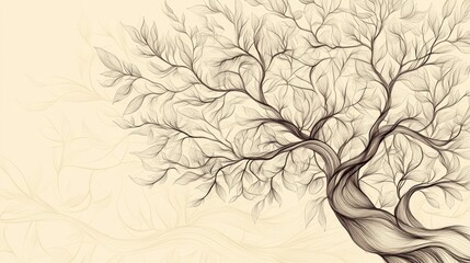 Fototapeta premium Delicate doodle line art of a tree, with flowing branches and detailed leaves, set against a soft, neutral background for a peaceful look
