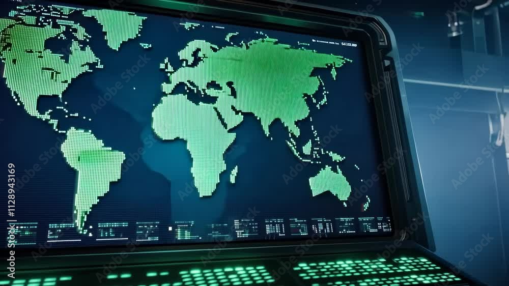 Poster detailed visualization of global map with interactive elements on digital display