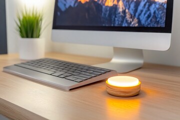 A minimalist recorder with a soft eject button glowing faintly, lying on a modern desk setup