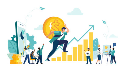 Business vector illustration, office workers studying infographics. Business people, ethnic, evolutionary scale analysis, network promotion, finding new ideas, teamwork in a company, brainstorming
