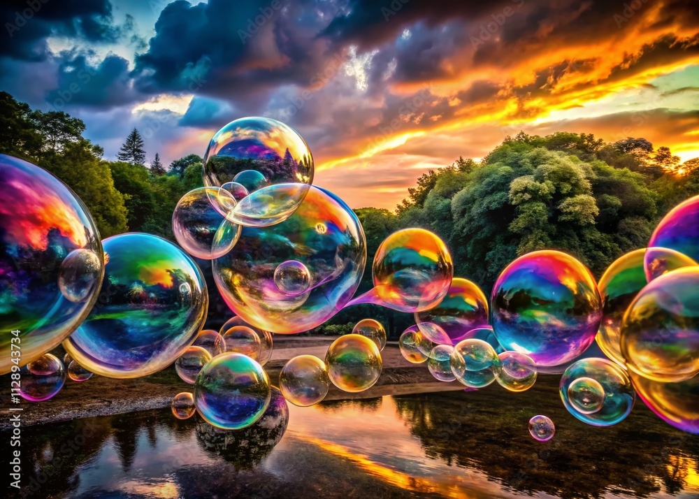Poster dynamic long exposure of exploding soap bubbles in a colorful display of light and motion captured i