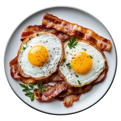 white plate with fried eggs with crispy bacon isolated on a transparent background