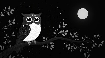 Fototapeta premium A flat minimalist illustration of an owl sitting on a tree branch at night, in black and white.