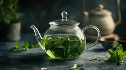 Elegant presentation of green tea in a glass teapot, with fresh tea leaves and a clean, minimalist background highlighting its freshness
