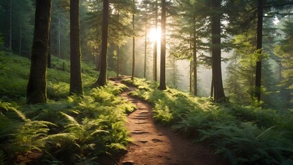 Sunlight Filtering Through Trees on a Serene Forest Path During Early Morning