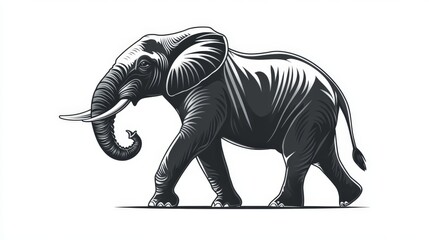 Fototapeta premium A simple black and white cartoon of an elephant lifting its trunk, flat vector design, on a white background.