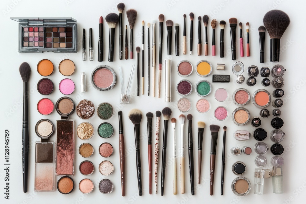 Poster Vibrant array of makeup tools and products neatly arranged on a white surface, showcasing brushes, eyeshadows, and lipsticks with ample copy space. Generative AI
