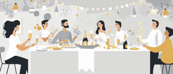 Elegant Friends Celebrating with Champagne and Appetizers at a Festive Dinner Party