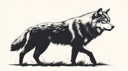 Fototapeta premium A simple black and white cartoon wolf in a walking position, clean vector lines, isolated on a white background