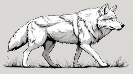 Obraz premium A simple black and white cartoon wolf in a walking position, clean vector lines, isolated on a white background
